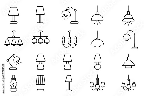 Lamps and Chandeliers Icon Set Bundle, Thin Editable Stroke Vector Icons for Web, Books, Cards, Apps, Modern and Classic Lighting Designs, Transparent Background