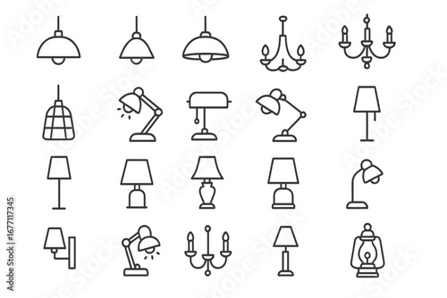 Lamps and Chandeliers Icon Bundle with Thin Editable Stroke, Modern and Classic Lighting Symbols for Websites, Apps, Books, Cards, and Design Projects, Vector Illustration
