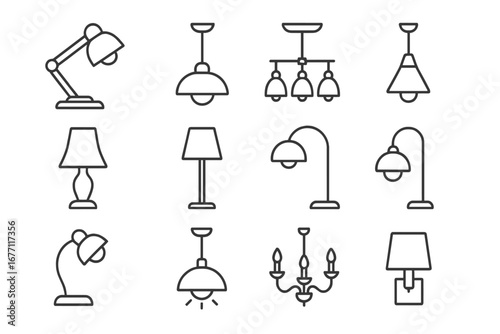 Lamps and Chandeliers Icon Set, Thin Line Editable Stroke, Vector Cartoon Illustrations for Web, Apps, Books, and Cards with Transparent Background, Lighting Designs Collection