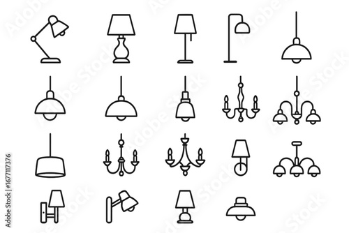 Collection of Thin Line Lamp and Chandelier Icons, Editable Stroke Vector, Ideal for Websites, Books, Cards, and Apps, Cartoon Style Transparent Background Lighting Symbols