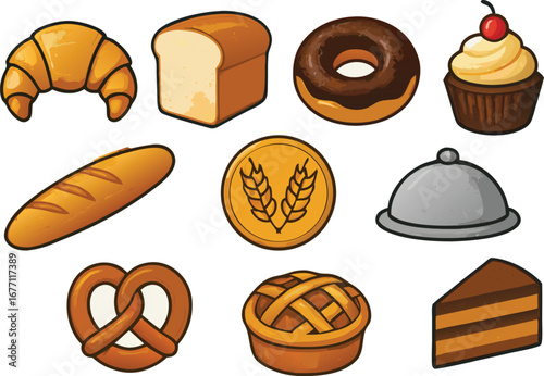 Fresh baked goods assortment for restaurant menu and bakery advertising with delicious croissant and cake