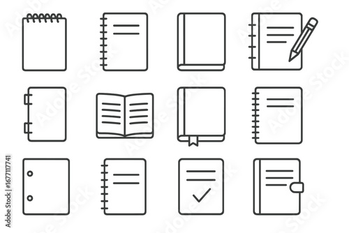 Collection of simple linear notebook and book outline icons, editable stroke vector illustrations, perfect for websites, apps, cards, stationery designs, education and office use