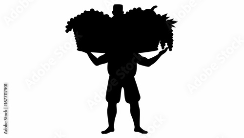 Silhouette of a man carrying a large basket of fruit on his head and shoulders with arms raised high