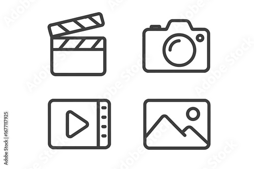 Set of Minimalistic Line Icons Including Clapperboard, Photo Camera, Movie Play Button, and Picture Frame. Editable Stroke Vector for Cards, Apps, Banners, and Social Media Posts Design