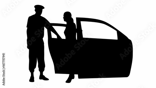 Silhouette of a man in uniform opening a car door for a woman to get in on a white background scene