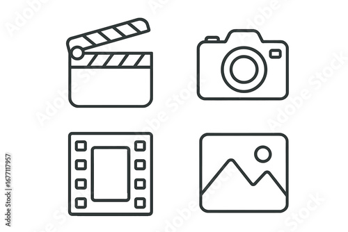 Set of Minimalistic Line Icons Featuring Clapperboard, Photo Camera, Movie Filmstrip, Picture Frame. Editable Stroke Linear Pictograms for Cards, Apps, Banners, Posts Design, Vector Graphics