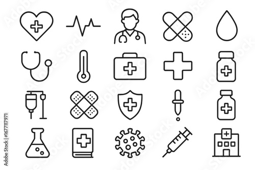 Set of Minimalistic Line Icons for Health Care and Medical Treatment, Editable Stroke Vector Pictograms for Medical Apps, Banners, Cards, and Posts Design, Hospital and Pharmacy Symbols