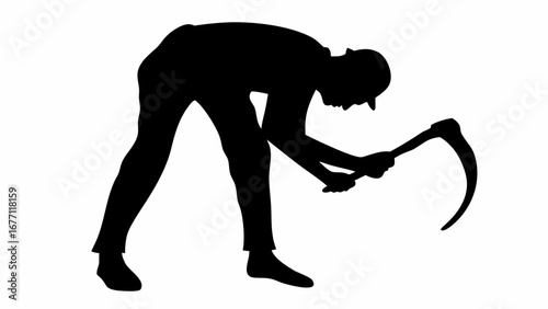 Silhouette of a person bending over holding a scythe with both hands in a white background image
