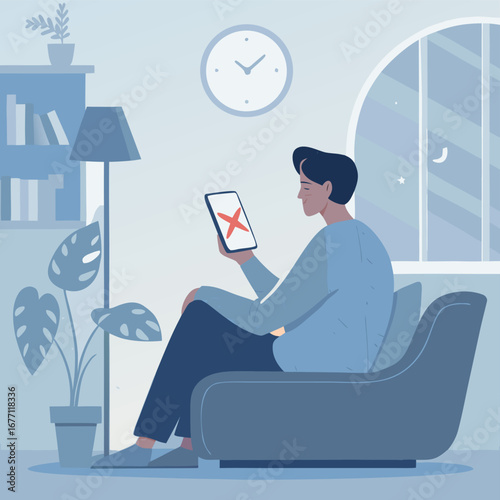 Vector art of a man is sitting on a chair at home, holding a smartphone with a red cross symbol on the screen, indicating an error or rejection