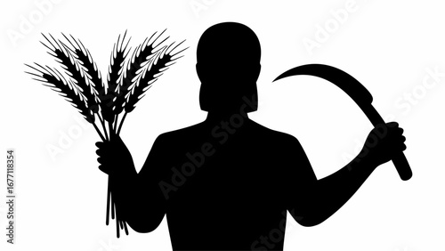 Silhouette of a person holding wheat and a sickle against a white background in a simple illustration