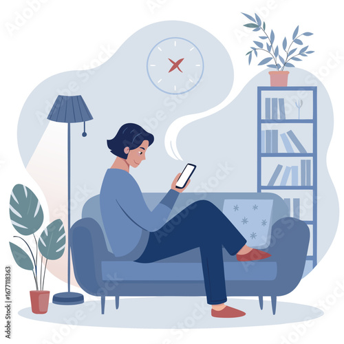 Vector art of a man is sitting on a sofa at home, looking at his smartphone, surrounded by plants, a lamp, and a bookshelf in a cozy room