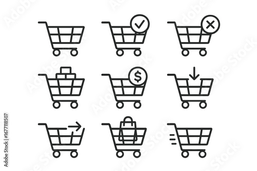 Shopping cart simple isolated line icons collection with editable stroke, suitable for websites, apps, cards, books, and digital use, vector cartoon illustration set with transparent background