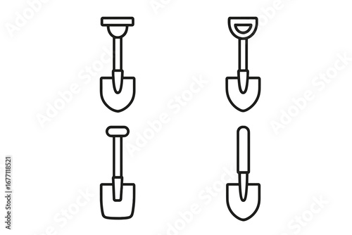 Shovel Bundle Thin Line Icons Set, Editable Stroke, Farming and Gardening Tools, Vector Cartoon Illustrations for Websites, Books, Cards, Apps with Transparent Background, Ordered Collection