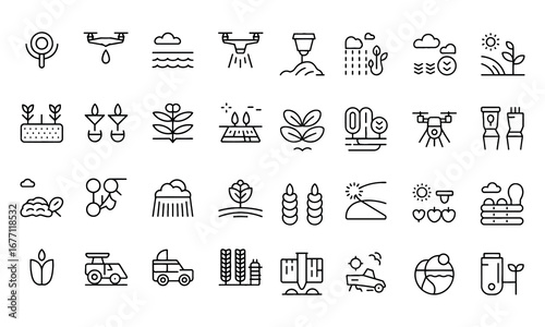 Smart Farming and Agriculture Outline Editable Icon Set – Modern Farm Management, IoT Sensors, Digital Agriculture and more. Vector Modern Illustration. Editable Stroke. 