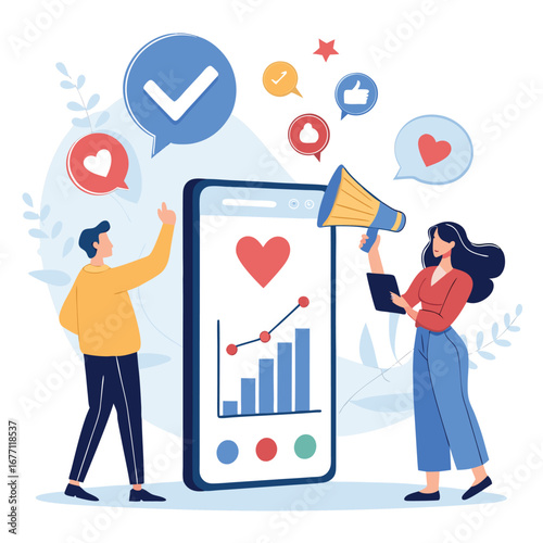 Vector art of digital marketing strategy concept with people promoting business growth and social media engagement