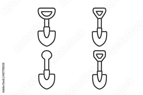 Set of Shovel Icons with Thin Editable Stroke Lines, Vector Cartoon Illustrations for Web Design, Apps, Books, Cards, and Digital Projects with Transparent Background