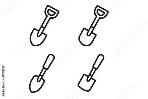 Shovel icon bundle, thin line editable stroke set, vector cartoon illustration for web, apps, books, cards design, gardening tools, construction equipment symbols, transparent background