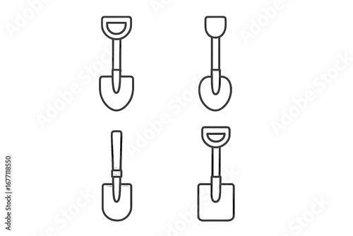 Set of Thin Line Shovel Icons with Editable Stroke for Web, Books, Cards, and Apps, Vector Cartoon Illustrations with Transparent Background, Organized Tool Collection