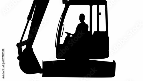 Silhouette of an excavator with a driver wearing a hard hat inside the cabin on a white background