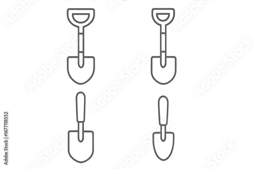 Shovel icon set pack, thin line editable stroke, minimalist vector gardening tools collection, web design, book illustrations, app UI, cards, transparent background