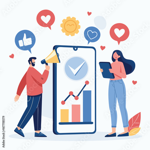 Vector art of social media marketing campaign with man using megaphone and woman with tablet, showing engagement and growth on mobile phone