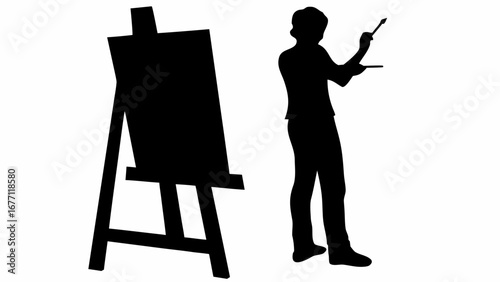 Silhouette of an artist standing next to an easel holding a brush and palette ready to paint art work