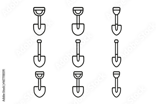 Shovel Icon Set Editable Stroke Vector Cartoon Illustration for Web, Books, Cards, Apps, and Design Projects with Transparent Background, Organized Tool Collection