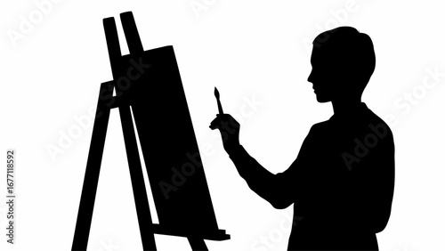 Silhouette of an artist painting on an easel with a brush in hand creating artwork in a studio setting