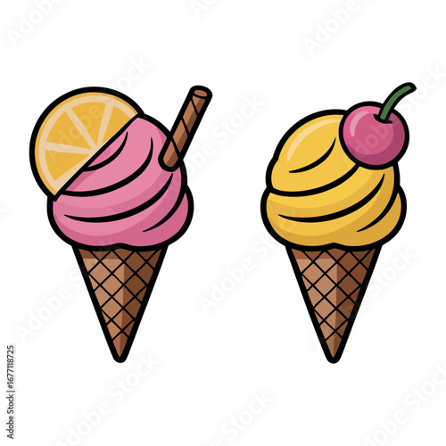 Sweet and Fruity Ice Cream Cones: A Duo of Delicious Desserts, ice cream cone set.