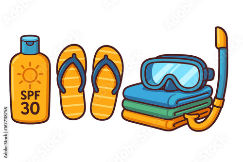 Summer vacation essentials for a day at the beach with sunscreen SPF 30, flip-flops, colorful towels, snorkeling gear including mask and snorkel, vector cartoon illustration