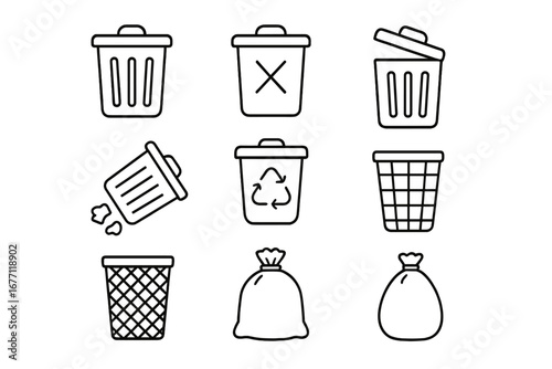 Set of thin line trash can icons with editable strokes for web, apps, books, and cards, vector cartoon style, transparent background, ordered collection of waste bin and recycle symbols
