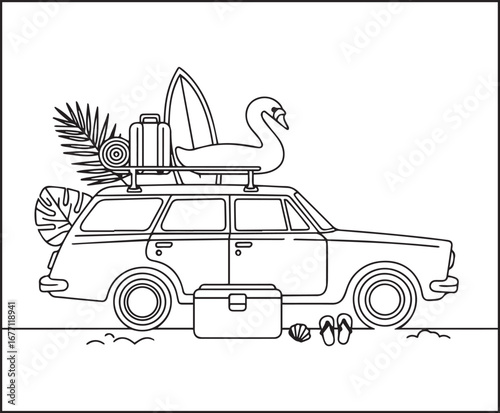 Hello summer beautiful car with vacation elements vector outline coloring page for kids and adults 