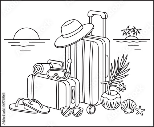 Summer vacation with beautiful beach scenery vector outline coloring page for kids and adults 