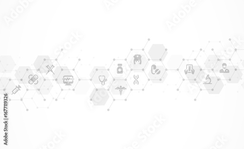 Light grey hexagonal network with thin line connections and medical icons on white background, ideal for healthcare, medical technology, and clinical design.care, science and medicine background