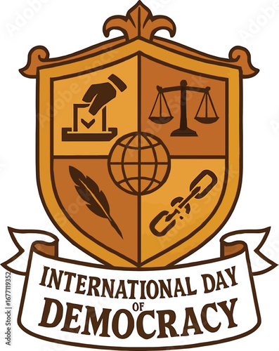 Democracy Day Emblem – Crest with Ballot, Justice Scales, Quill, Broken Chain, and Globe
