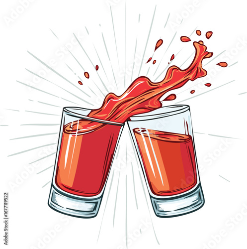 Two glasses clinking with red liquid splashing drinks toast