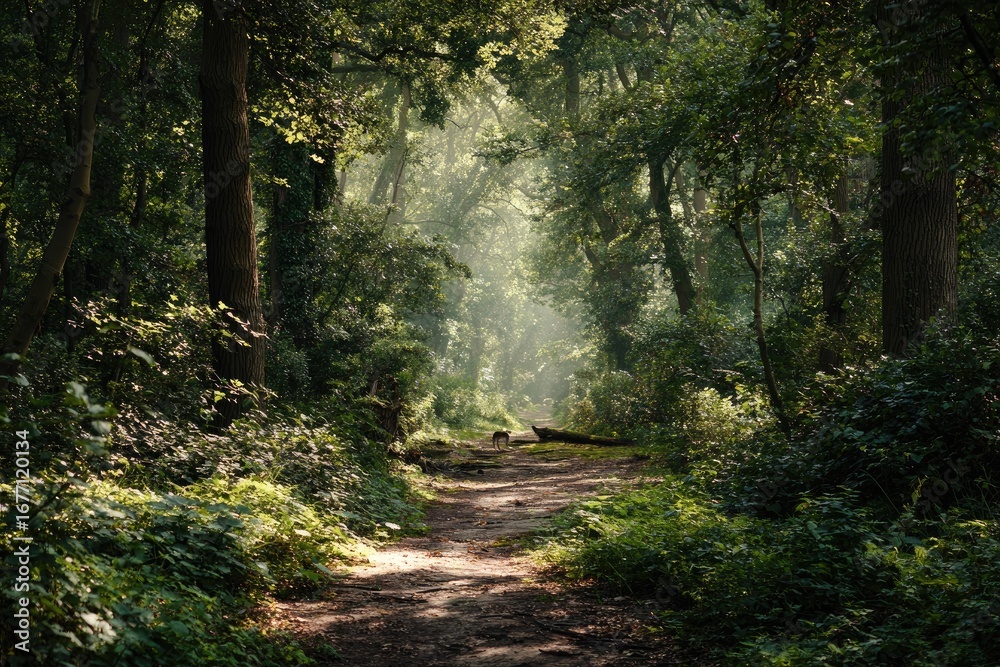 Naklejka premium Sunlight filters through a dense forest path. Lush greenery surrounds a dirt trail, leading into a sunlit clearing