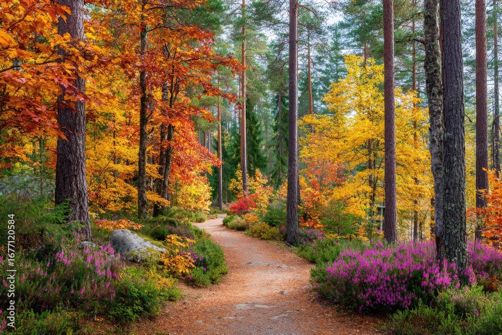 Obraz premium Autumnal path through vibrant forest