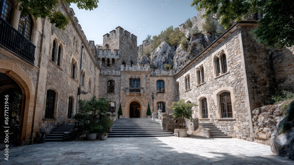 Fototapeta premium A courtyard within a historical stone edifice, showcasing a tranquil and majestic ambiance.