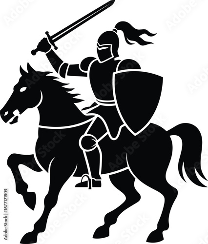 Black silhouette of a medieval knight on horseback with sword and shield, castle in background, fantasy warrior, armor, galloping horse.