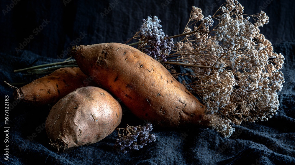 Obraz premium Elegant still life with sweet potatoes and dried florals over black woolen backdrop, negative space frame