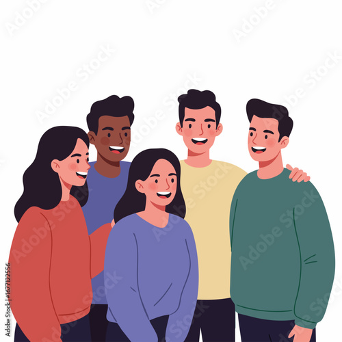 Happy multicultural group of young adult friends or colleagues smiling together. Flat vector illustration of diversity and unity