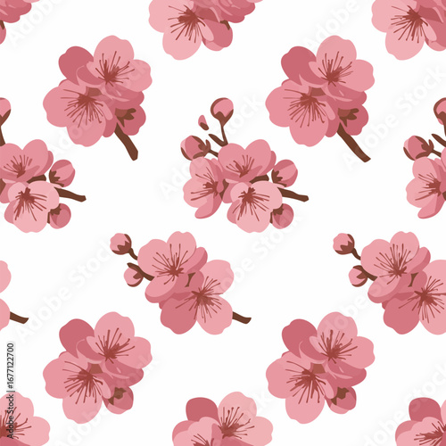 Elegant seamless pattern of hand-drawn pink Japanese sakura flowers, a delicate floral background celebrating the beauty of spring