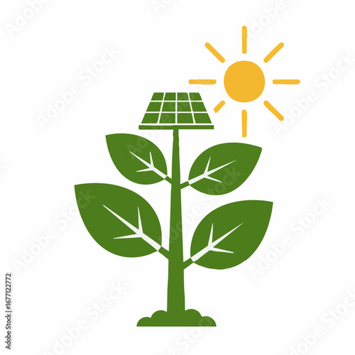 Conceptual illustration of sustainable green energy, showing a plant with a solar panel absorbing sunlight for renewable power