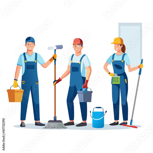 Cleaning company staff with the equipment. Cleaning service, women with window cleaner tool and mop with bucket in uniform. Vector illustration in a flat ... See More
