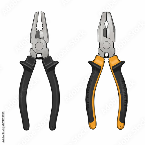 A detailed vector illustration set of two industrial combination pliers with ergonomic handles, isolated on a white background for repair and construction