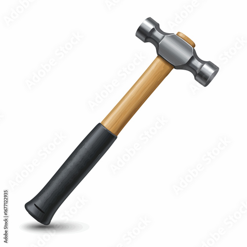A realistic vector illustration of a classic ball-peen hammer with a steel head, wooden handle, and textured grip, isolated on a white background