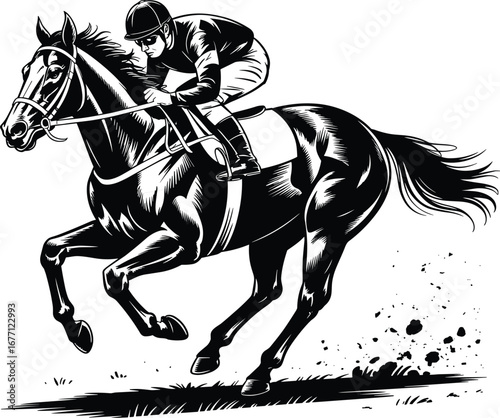 Equestrian jumping horse, black and white line art illustration, competitive rider, show jumping scene, elegant sports horse drawing