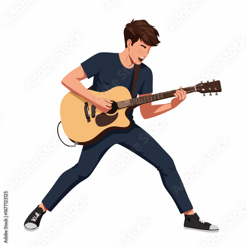 Illustration of a young man energetically playing an acoustic guitar with a passionate expression, isolated on a white background