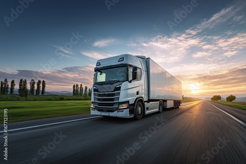 White refrigerated truck on highway at sunrise